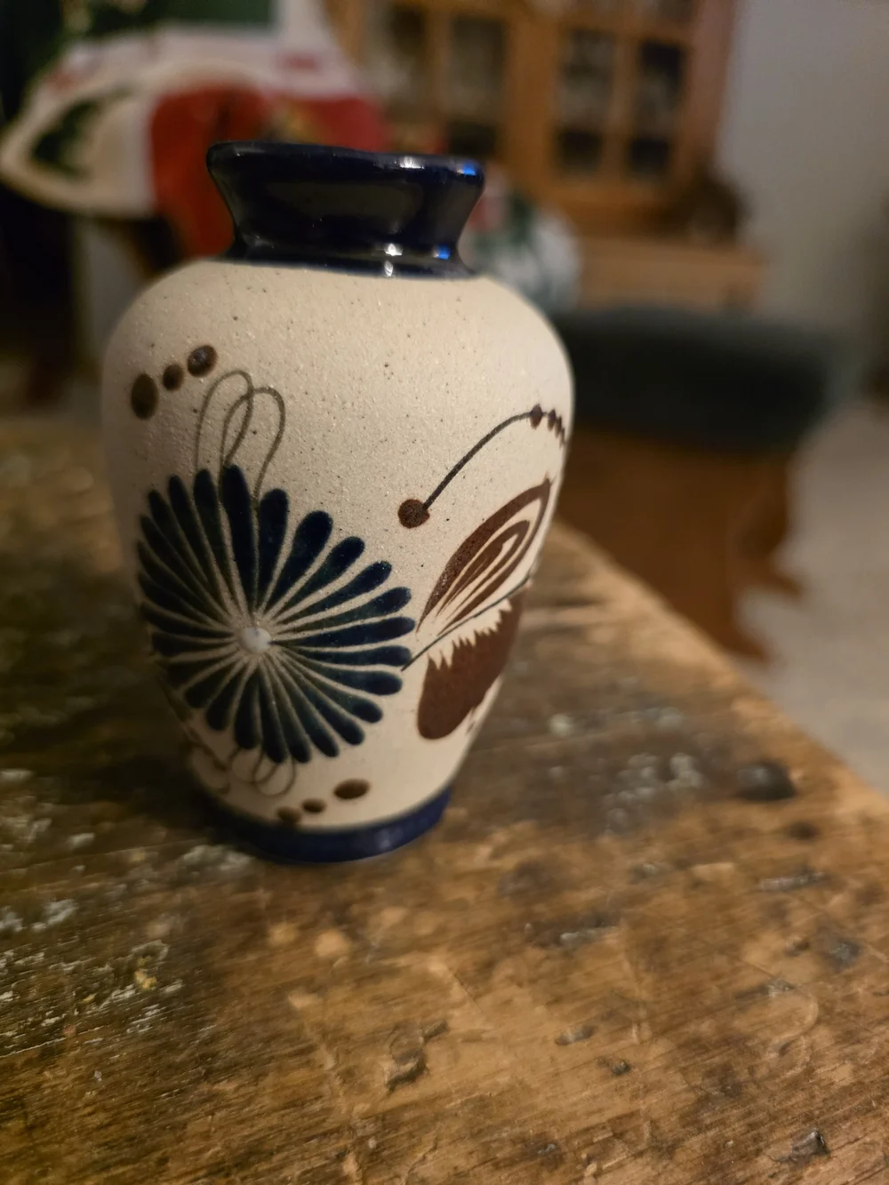 Mexico Hand-Painted Ceramic Vase in Navy and Cream